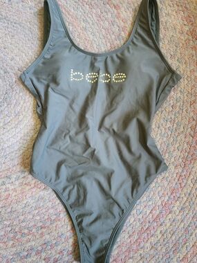bebe Olive Green One-Piece Swimsuit with Studded Logo